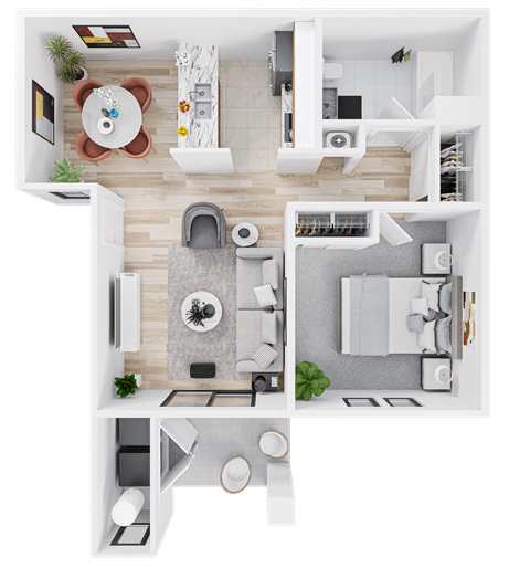 Floor plan for 1 bed, 1 bath, 715 sqft